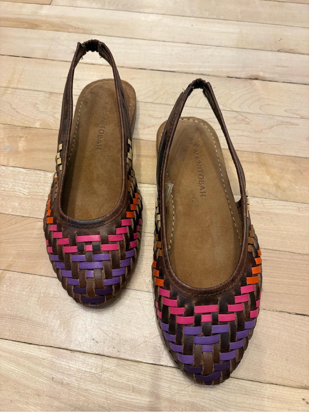 Artisan Woven Slingback Flats in Brown with Pink, Purple & Orange Accents
